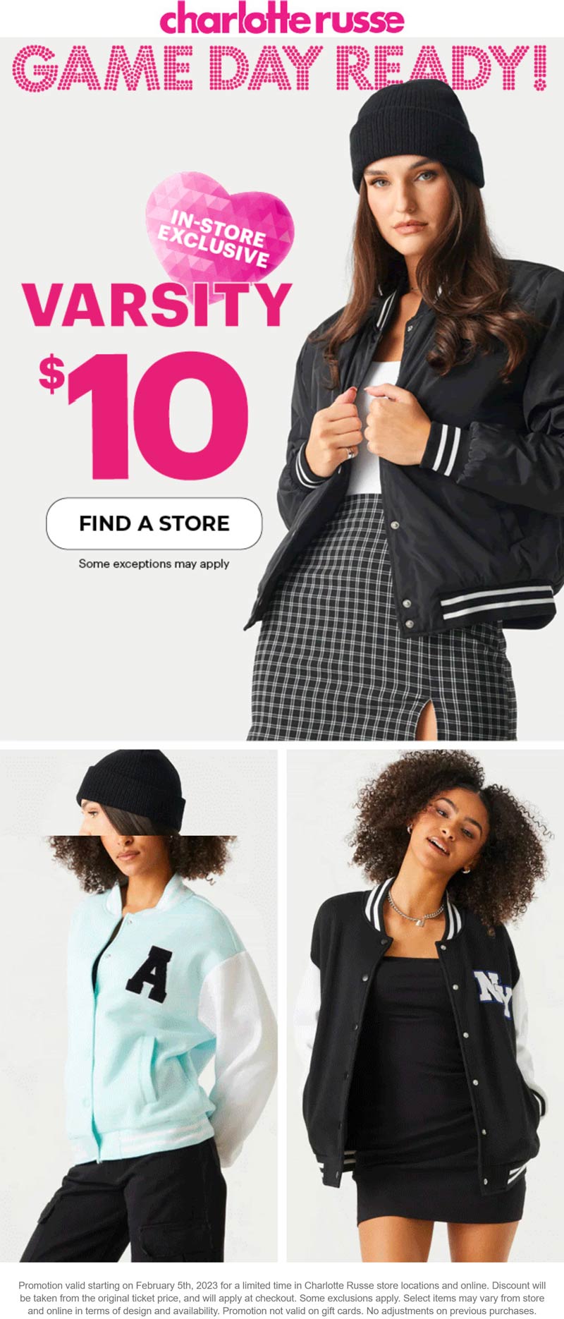 Charlotte Russe stores Coupon  $10 varsity jackets at Charlotte Russe #charlotterusse 