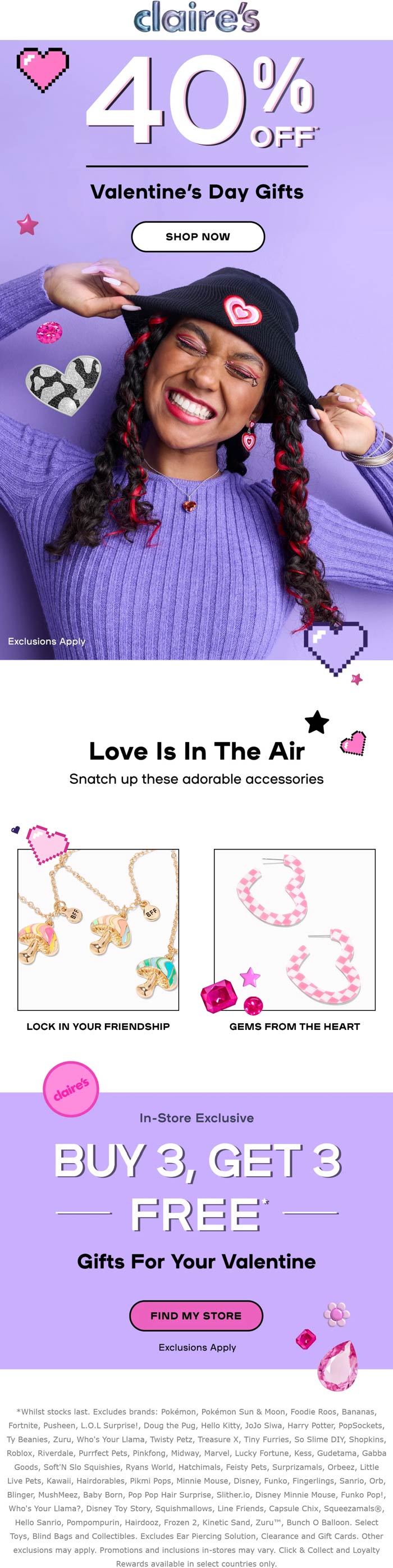 Claires stores Coupon  40% off Valentines gifts + 6-for-3 at Claires #claires 