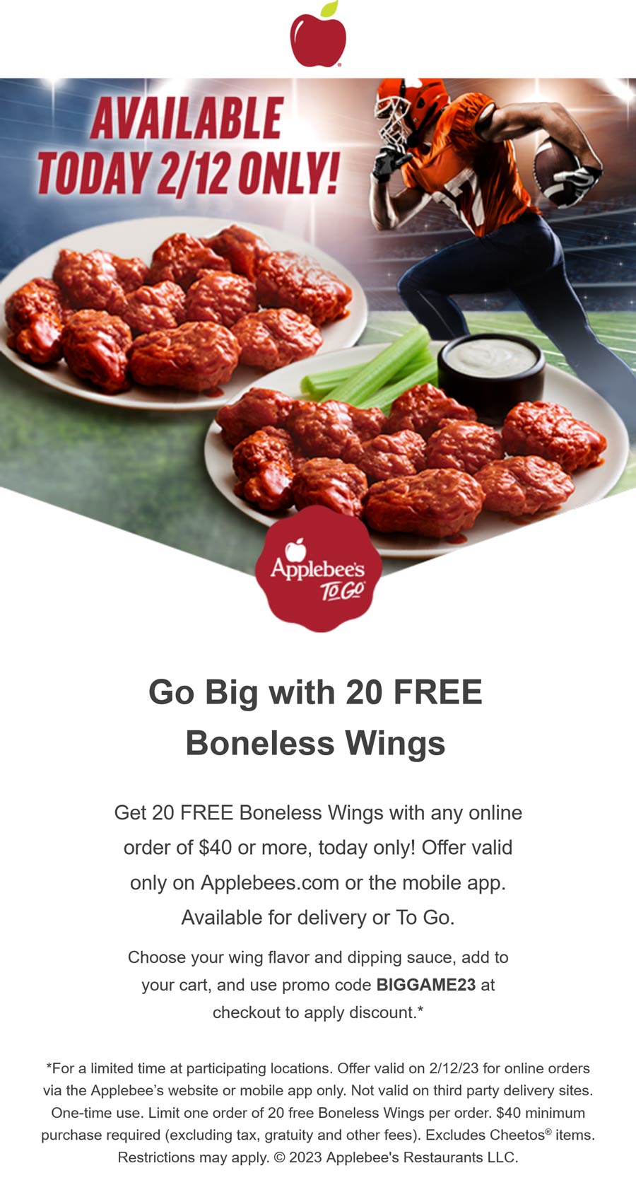 Applebees restaurants Coupon  20 free boneless wings on $40 today at Applebees via promo code BIGGAME23 #applebees 