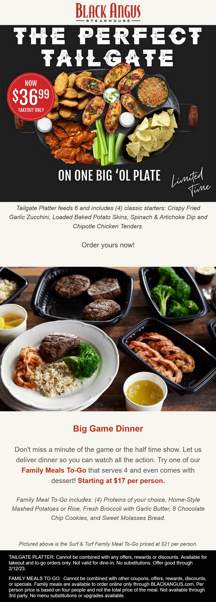 Black Angus restaurants Coupon  6 person takeout tailgate platter for $37 today at Black Angus steakhouse restaurants #blackangus 
