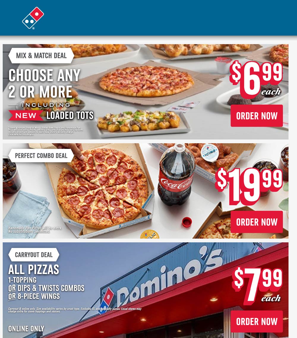 Dominos restaurants Coupon  1 topping pizzas or 8pc wings = $8 & more at Dominos pizza #dominos 