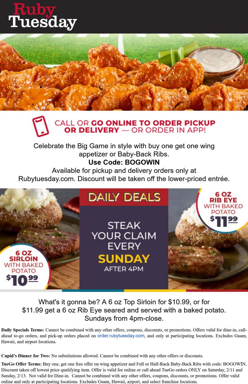 Ruby Tuesday restaurants Coupon  Second chicken wings or ribs free today at Ruby Tuesday via promo code BOGOWIN #rubytuesday 