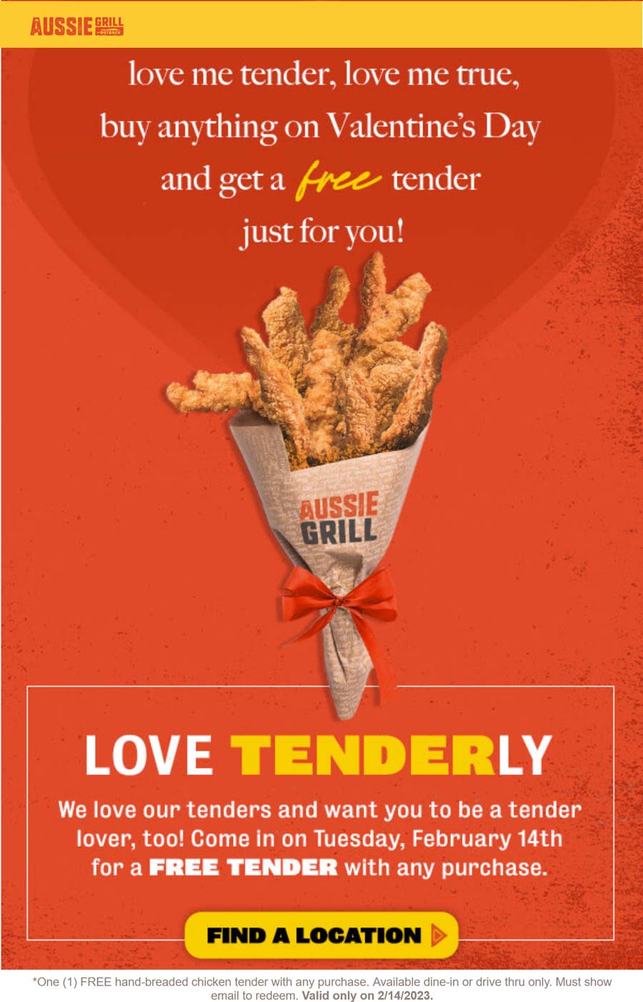 Aussie Grill restaurants Coupon  Free chicken tender with any order Tuesday at Outback Aussie Grill #aussiegrill 