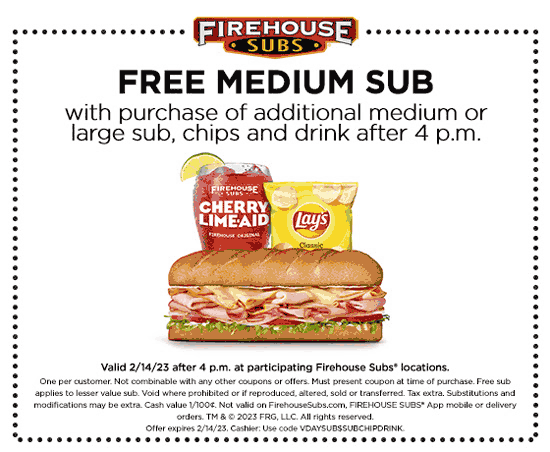 Firehouse Subs restaurants Coupon  Second sub sandwich free with your combo after 4p Tuesday at Firehouse Subs #firehousesubs 