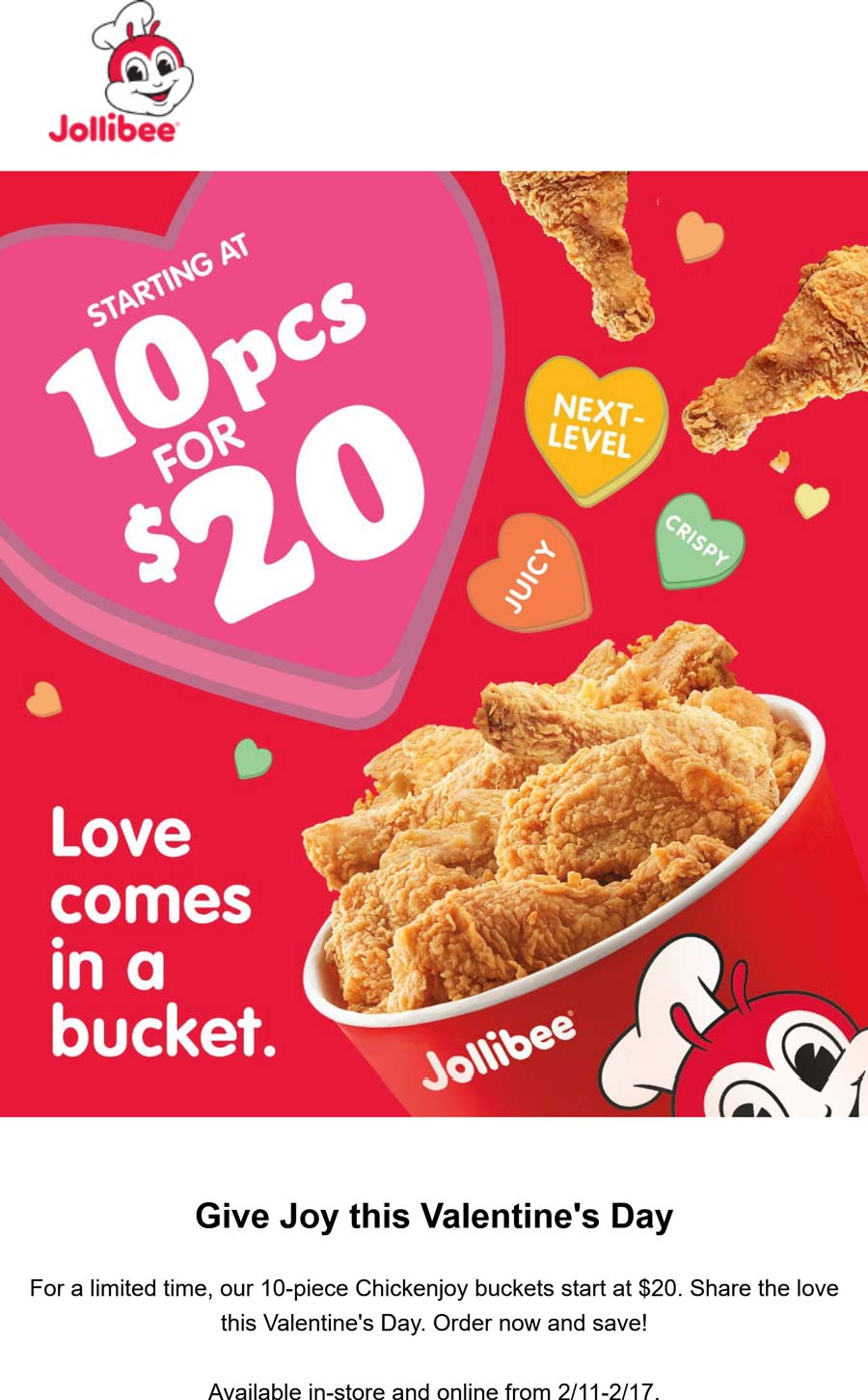 Jollibee restaurants Coupon  10pc fried chicken bucket for $20 at Jollibee #jollibee 