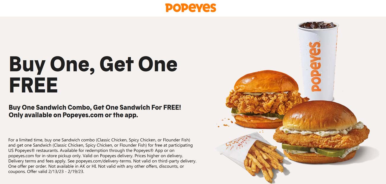 Popeyes restaurants Coupon  Chicken sandwich free with your combo online at Popeyes #popeyes 