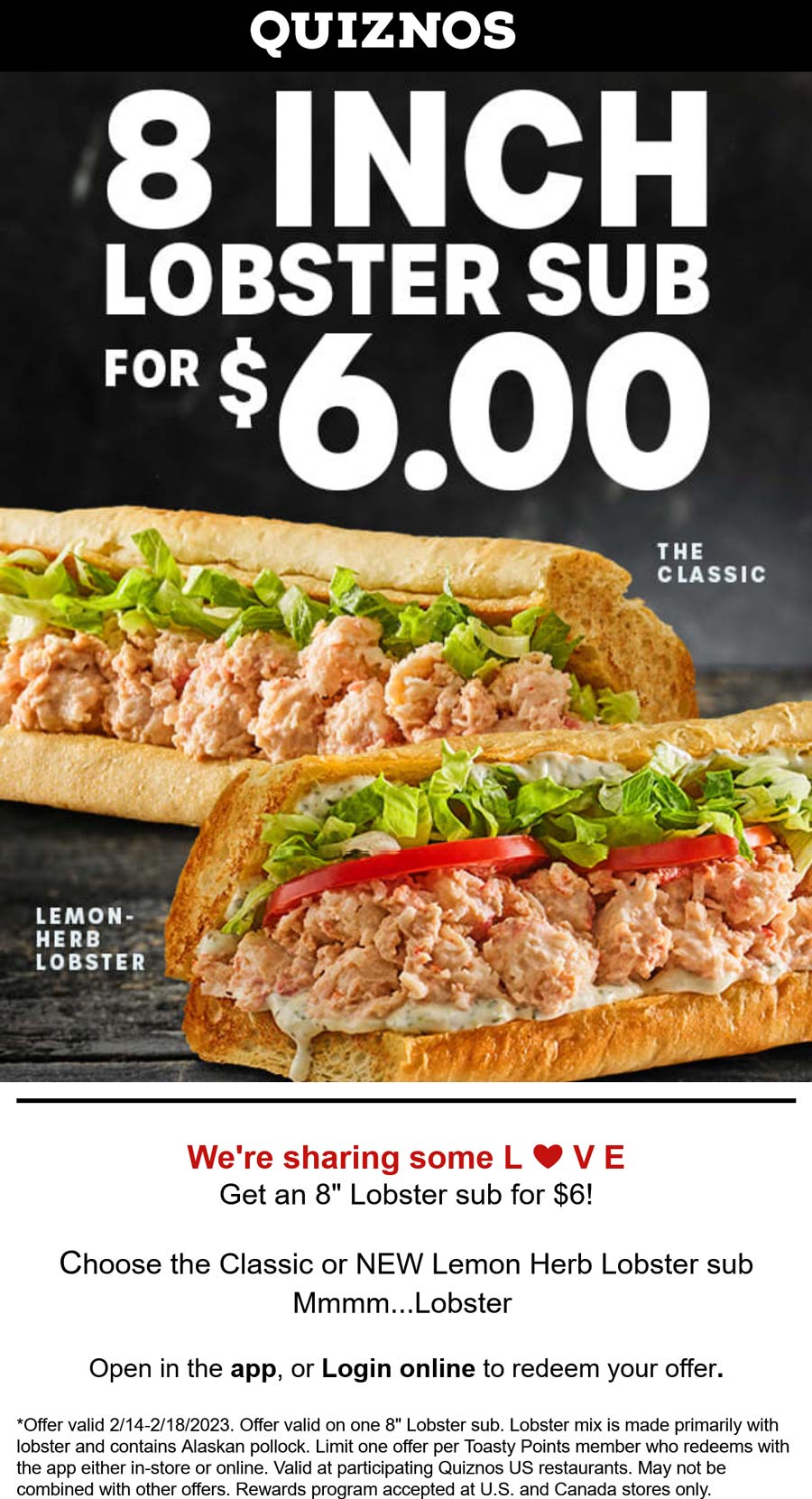 Quiznos restaurants Coupon  8in lobster sub sandwich for $6 online at Quiznos #quiznos 