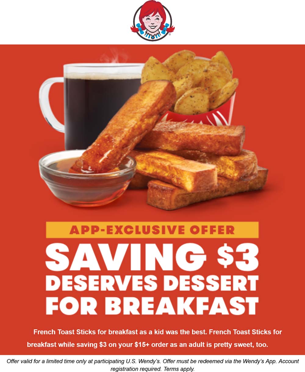 Wendys restaurants Coupon  $3 off $15 on breakfast via mobile at Wendys #wendys 