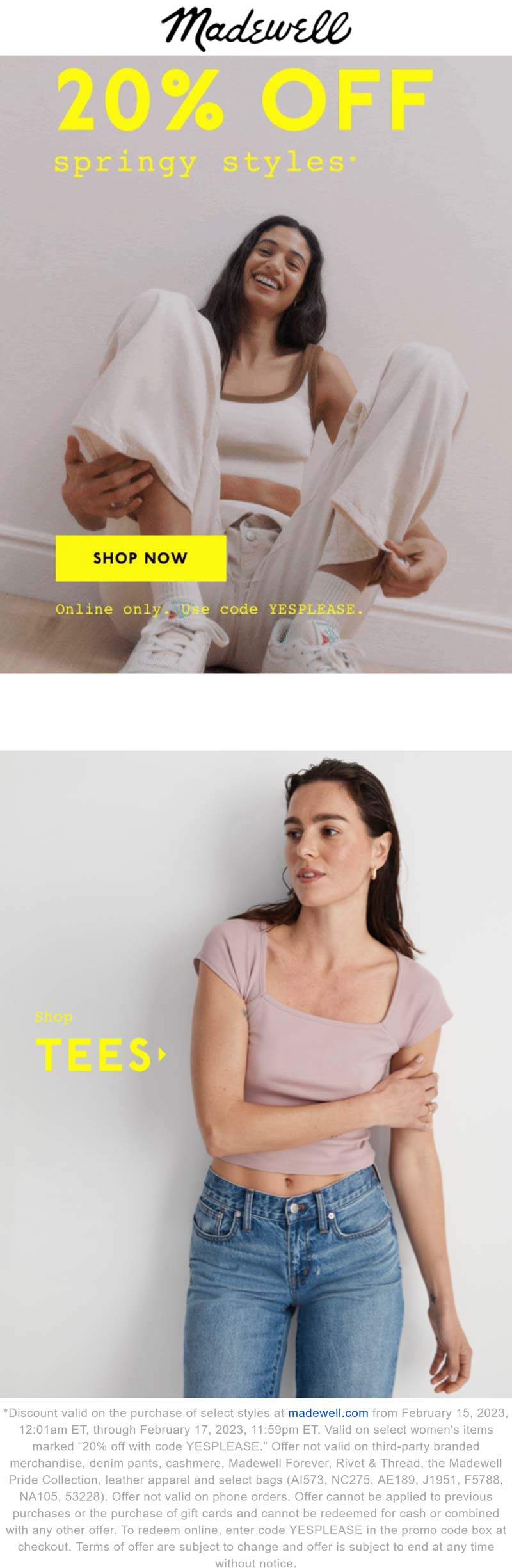 Madewell stores Coupon  20% off spring styles online at Madewell via promo code YESPLEASE #madewell 