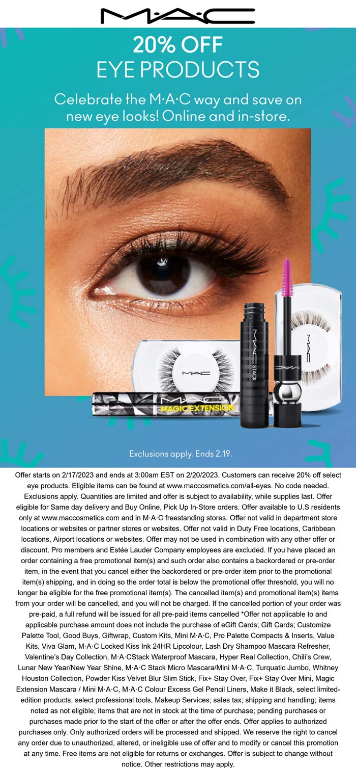 MAC stores Coupon  20% off eye products at MAC cosmetics #mac 