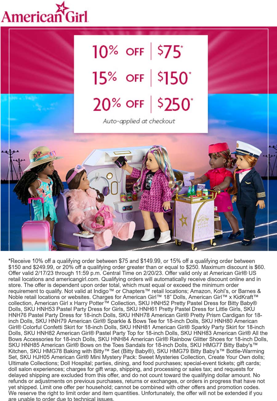 American Girl stores Coupon  10-20% off $75+ at American Girl doll stores, ditto online #americangirl 
