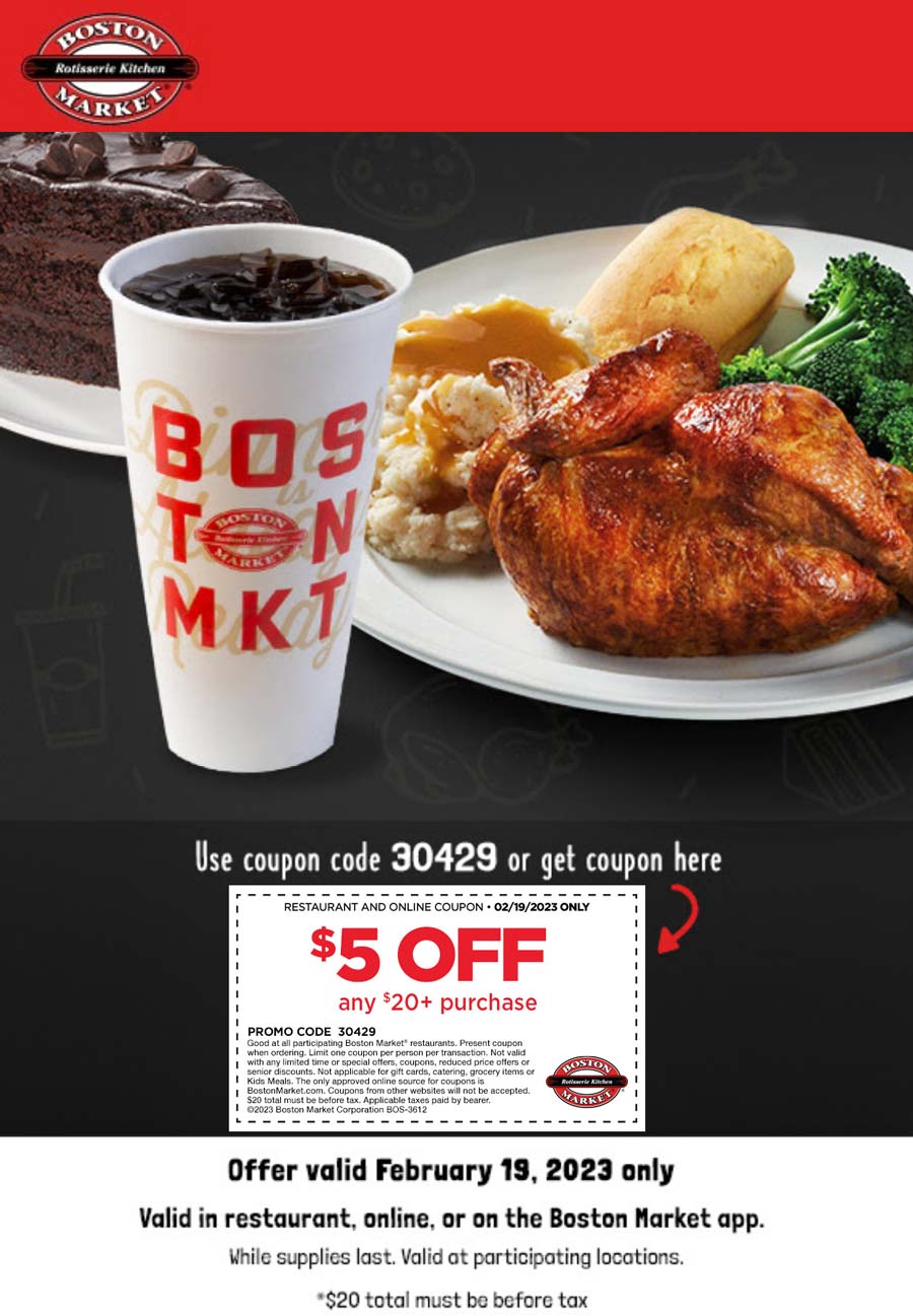 Boston Market restaurants Coupon  $5 off $20 today at Boston Market restaurants #bostonmarket 