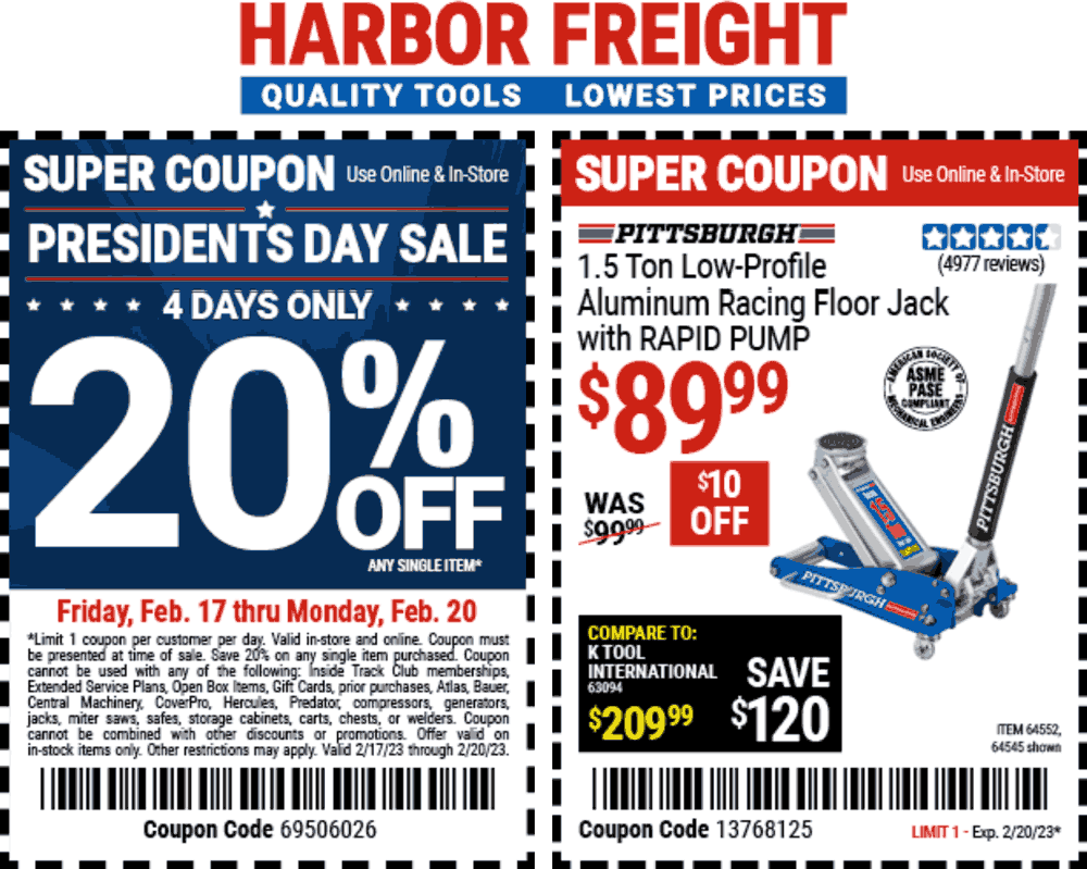 Harbor Freight stores Coupon  20% off a single item at Harbor Freight Tools, or online via promo code 69506026 #harborfreight 