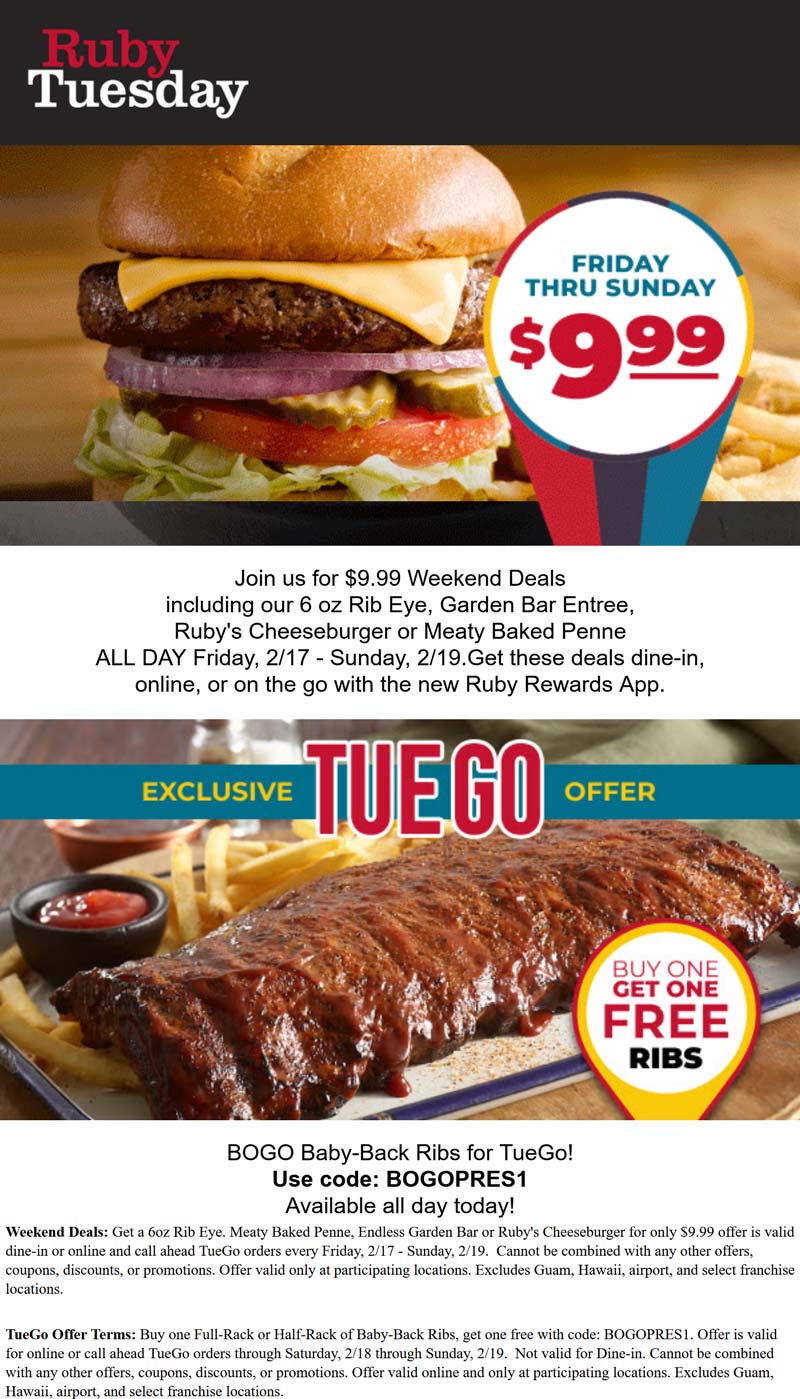 Ruby Tuesday restaurants Coupon  Second ribs free & more today at Ruby Tuesday restaurants #rubytuesday 