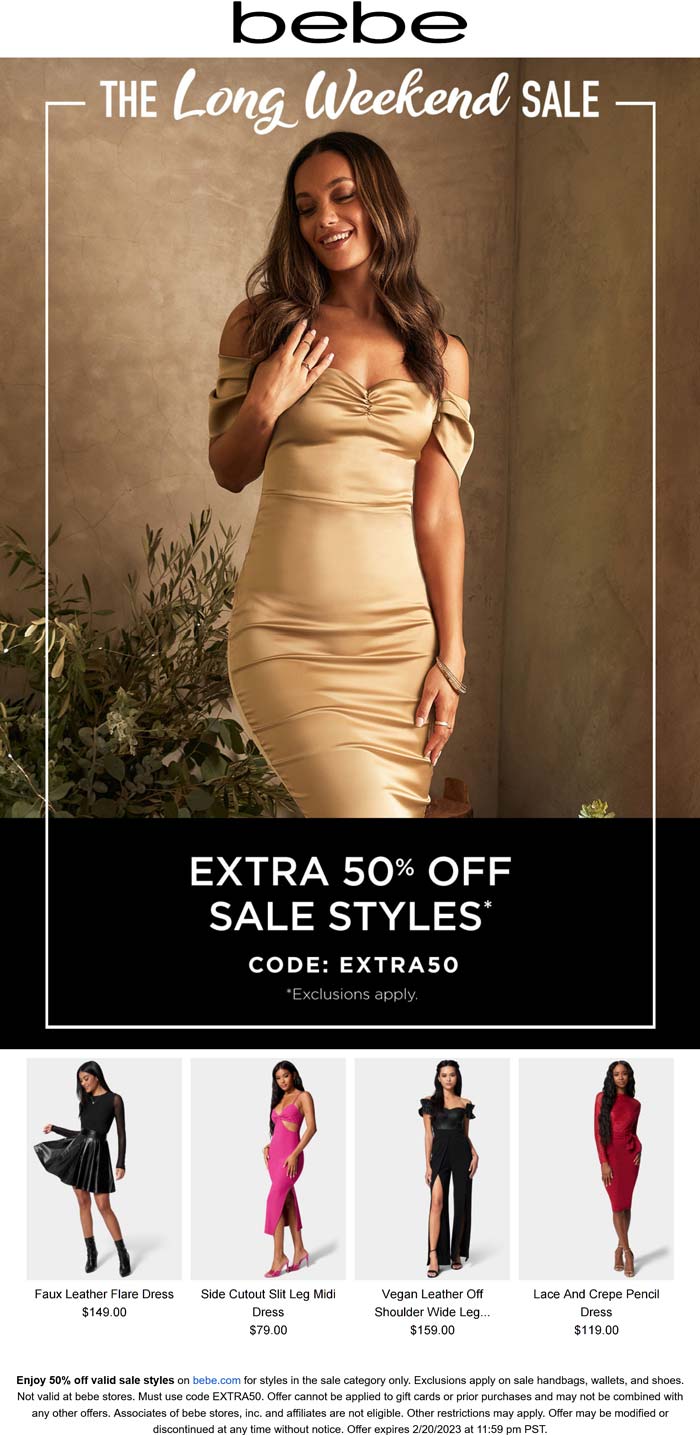 bebe stores Coupon  50% off online today at bebe via promo code EXTRA50 #bebe 
