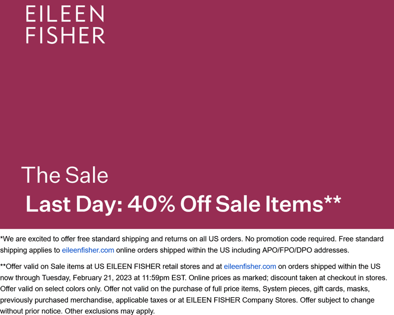 Eileen Fisher stores Coupon  Extra 40% off sale items at Eileen Fisher, ditto online #eileenfisher 