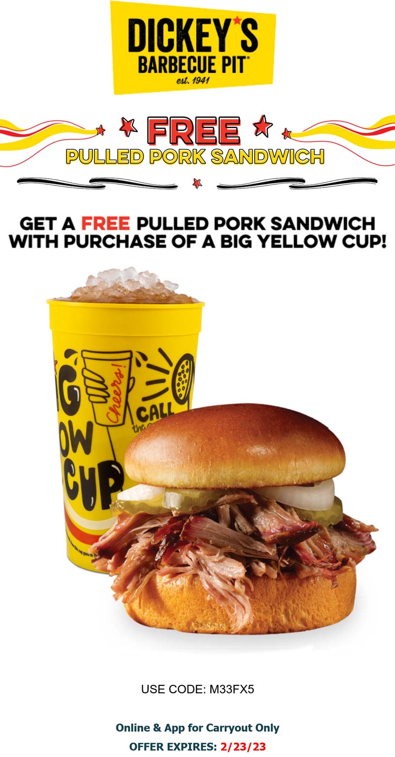 Dickeys Barbecue Pit restaurants Coupon  Free pulled pork sandwich with your drink at Dickeys Barbecue Pit via promo code M33FX5 #dickeysbarbecuepit 
