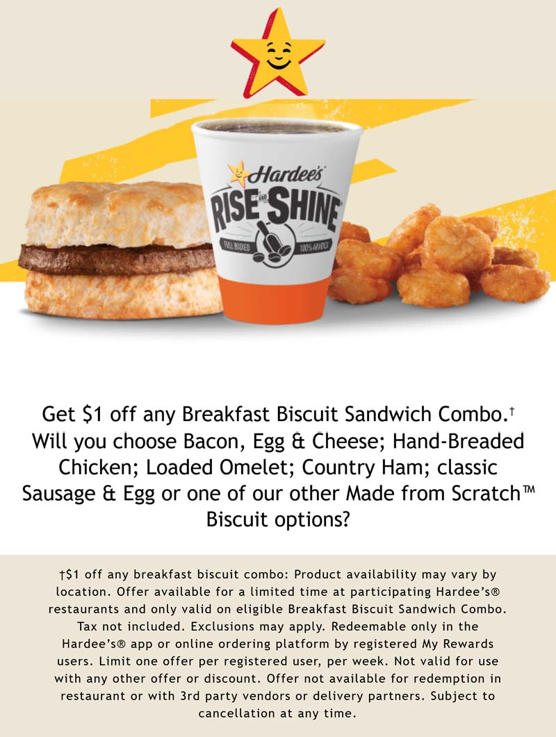 Hardees restaurants Coupon  $1 off any breakfast biscuit combo online at Hardees #hardees 