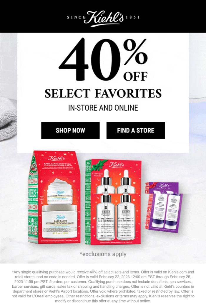 Kiehls stores Coupon  40% off various sets & items at Kiehls, ditto online #kiehls 