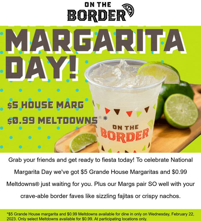 On The Border restaurants Coupon  Grande house margarita for $5 today at On The Border restaurants #ontheborder 