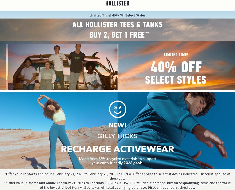 Hollister stores Coupon  40% off various styles & 3rd t-shirt free at Hollister, ditto online #hollister 