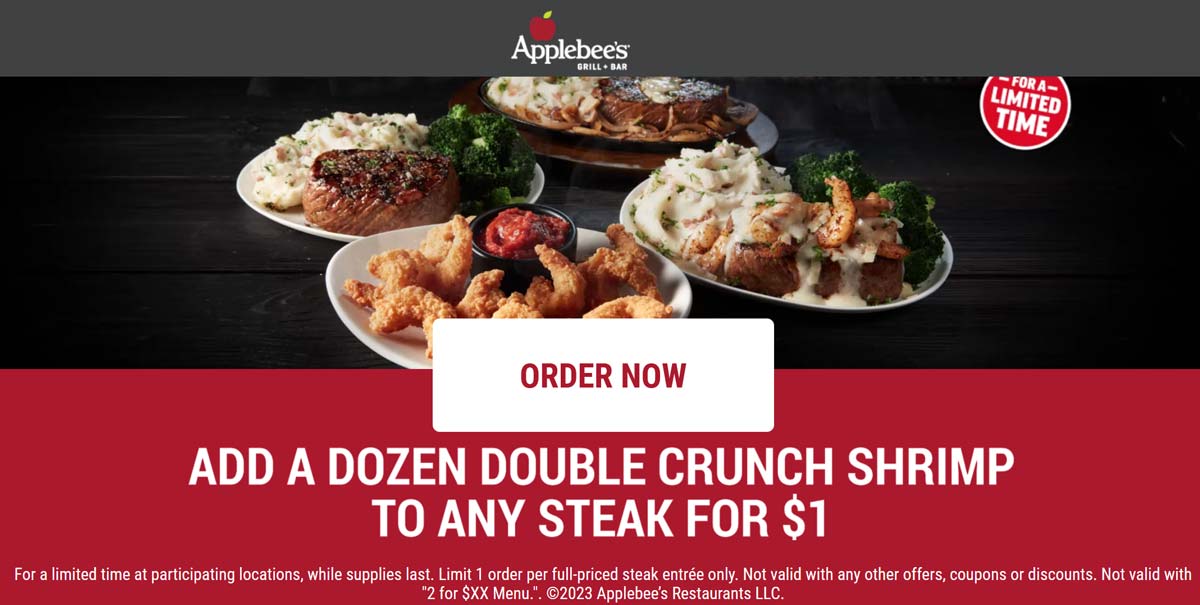 Applebees restaurants Coupon  Dozen shrimp for $1 with your steak at Applebees #applebees 