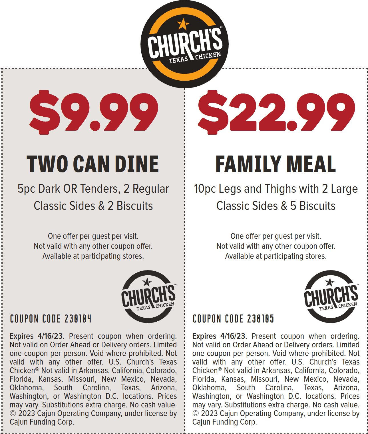 Churchs Chicken restaurants Coupon  5pc chicken + 2 sides + 2 biscuits = $10 at Churchs Chicken #churchschicken 