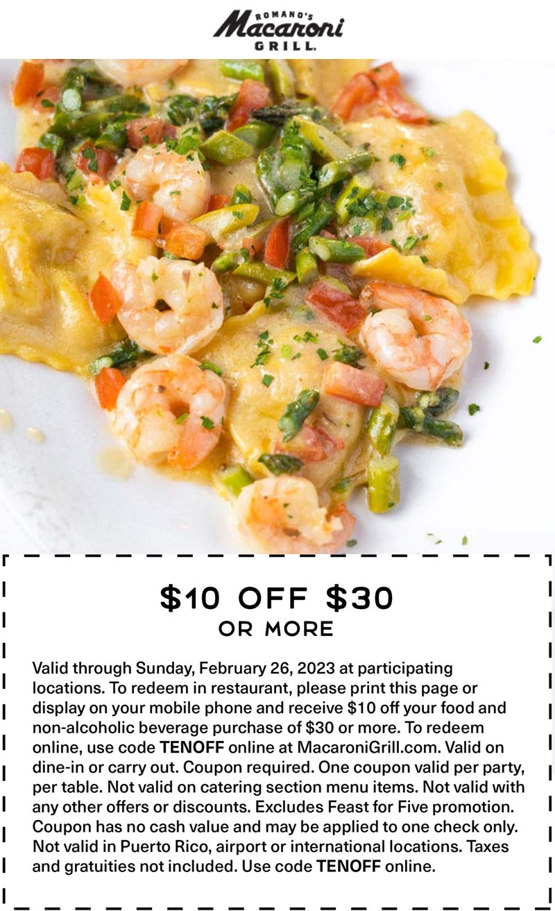 Macaroni Grill restaurants Coupon  $10 off $30 at Macaroni Grill restaurants, or online via promo code TENOFF #macaronigrill 