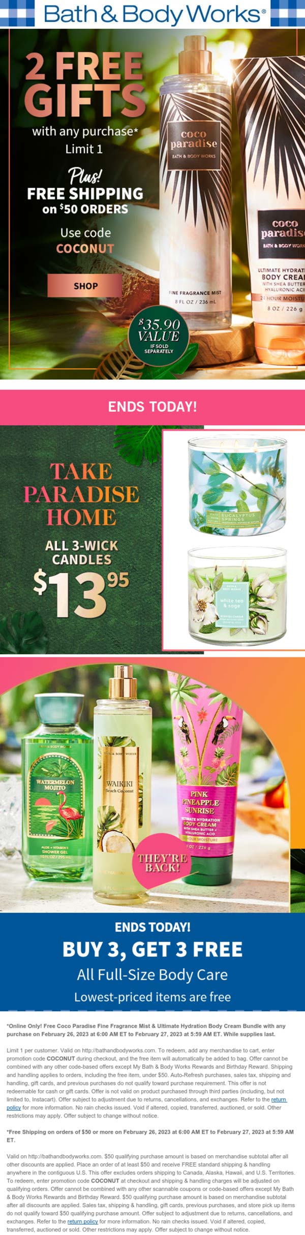 Bath & Body Works stores Coupon  2 free items with any online purchase today at Bath & Body Works via promo code COCONUT #bathbodyworks 