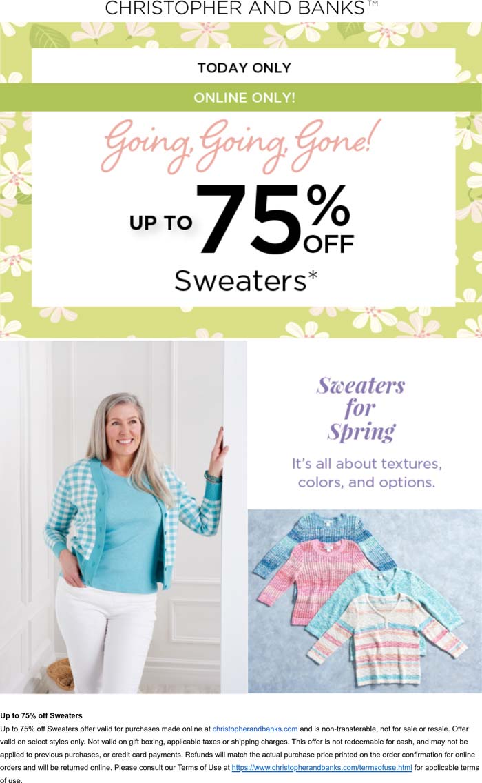 Christopher and Banks stores Coupon  75% off various sweaters online today at Christopher and Banks #christopherandbanks 