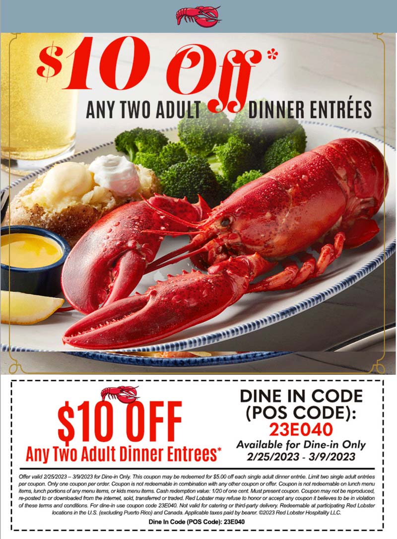 Red Lobster restaurants Coupon  $10 off 2 entrees at Red Lobster #redlobster 