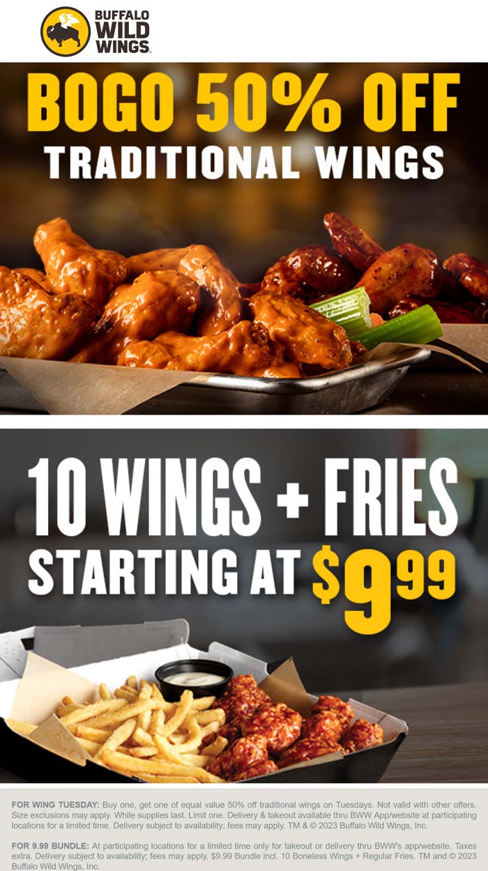 Buffalo Wild Wings restaurants Coupon  Second chicken wings 50% off today at Buffalo Wild Wings #buffalowildwings 