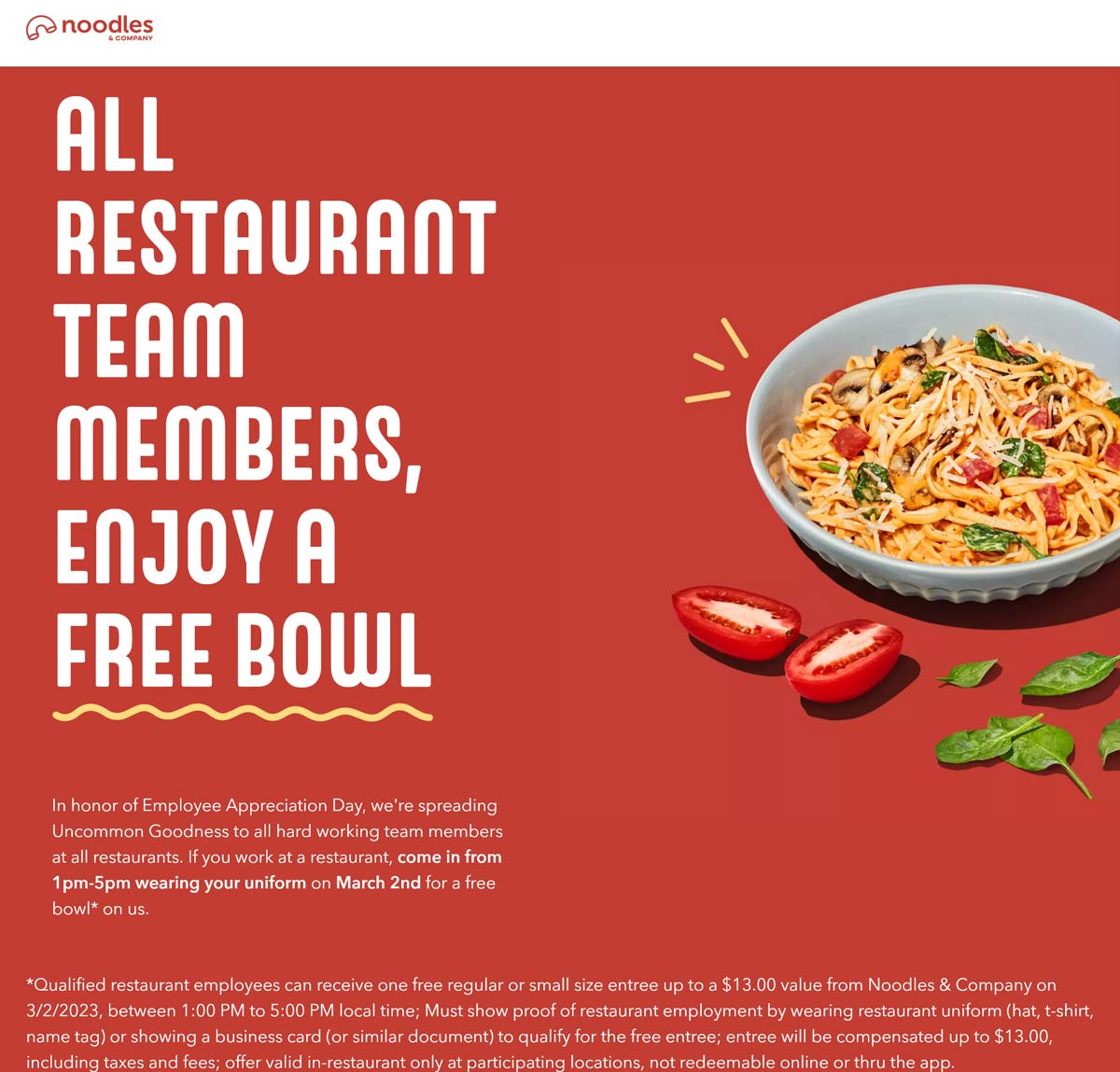 Restaurant workers enjoy a free bowl Thursday at Noodles & Company The Coupons