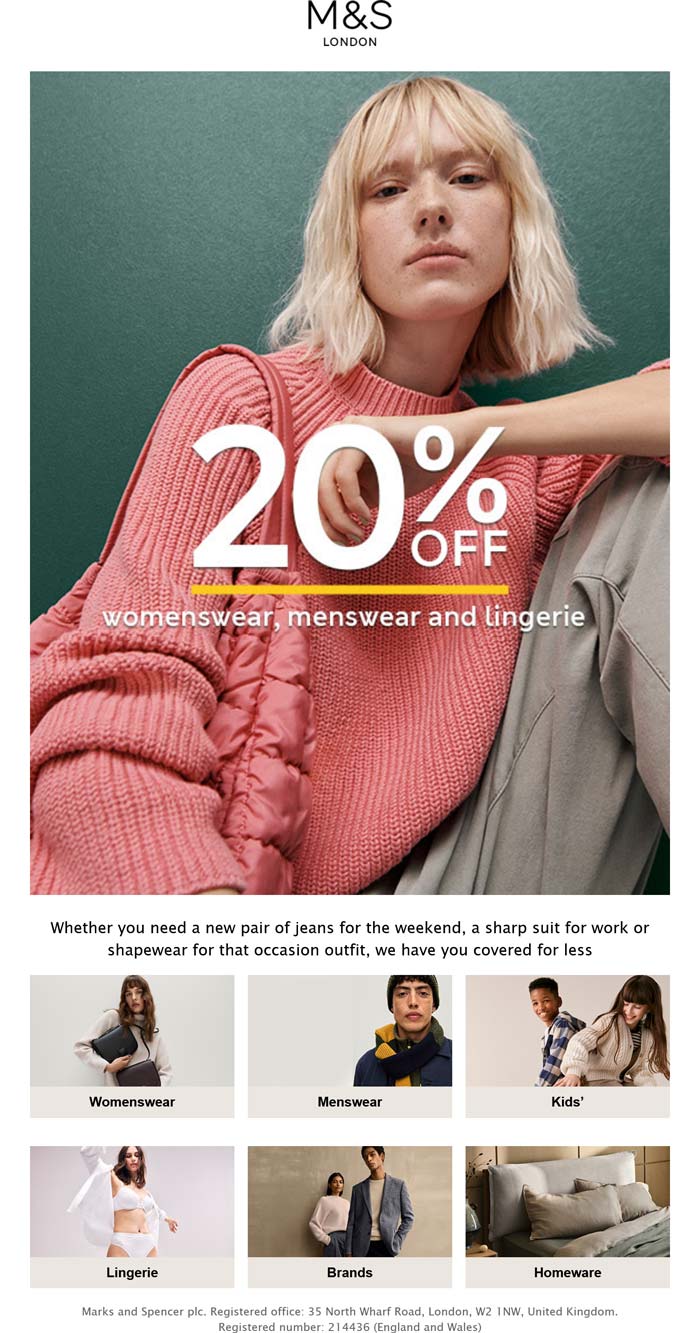 Marks and Spencer stores Coupon  20% off womenswear menswear & lingerie at Marks and Spencer #marksandspencer 