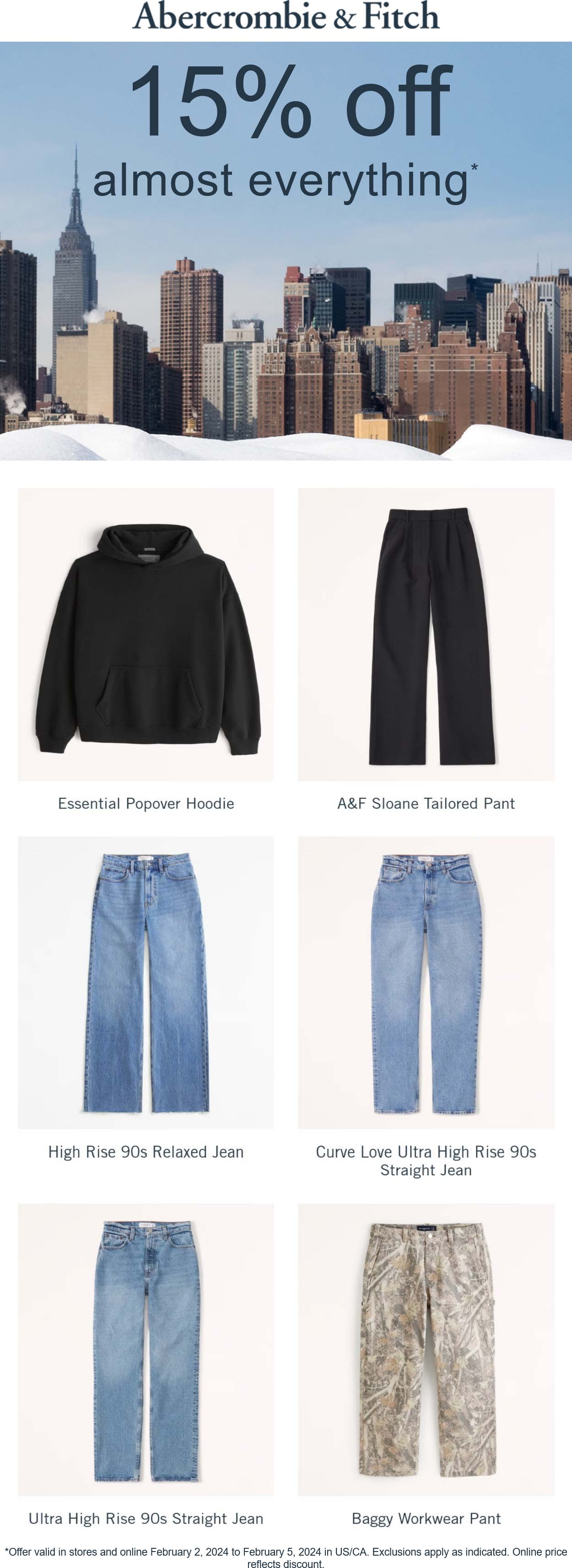 15% off everything at Abercrombie & Fitch, ditto online #abercrombiefitch