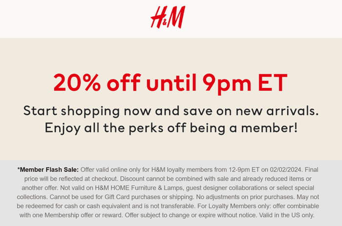 H&M stores Coupon  20% off til 9p today logged-in online at H&M #hm 