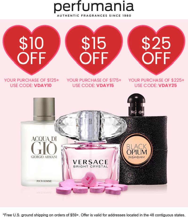 Perfumania stores Coupon  $10-$25 off $125+ online at Perfumania via promo code VDAY10 VDAY15 or VDAY25 #perfumania 