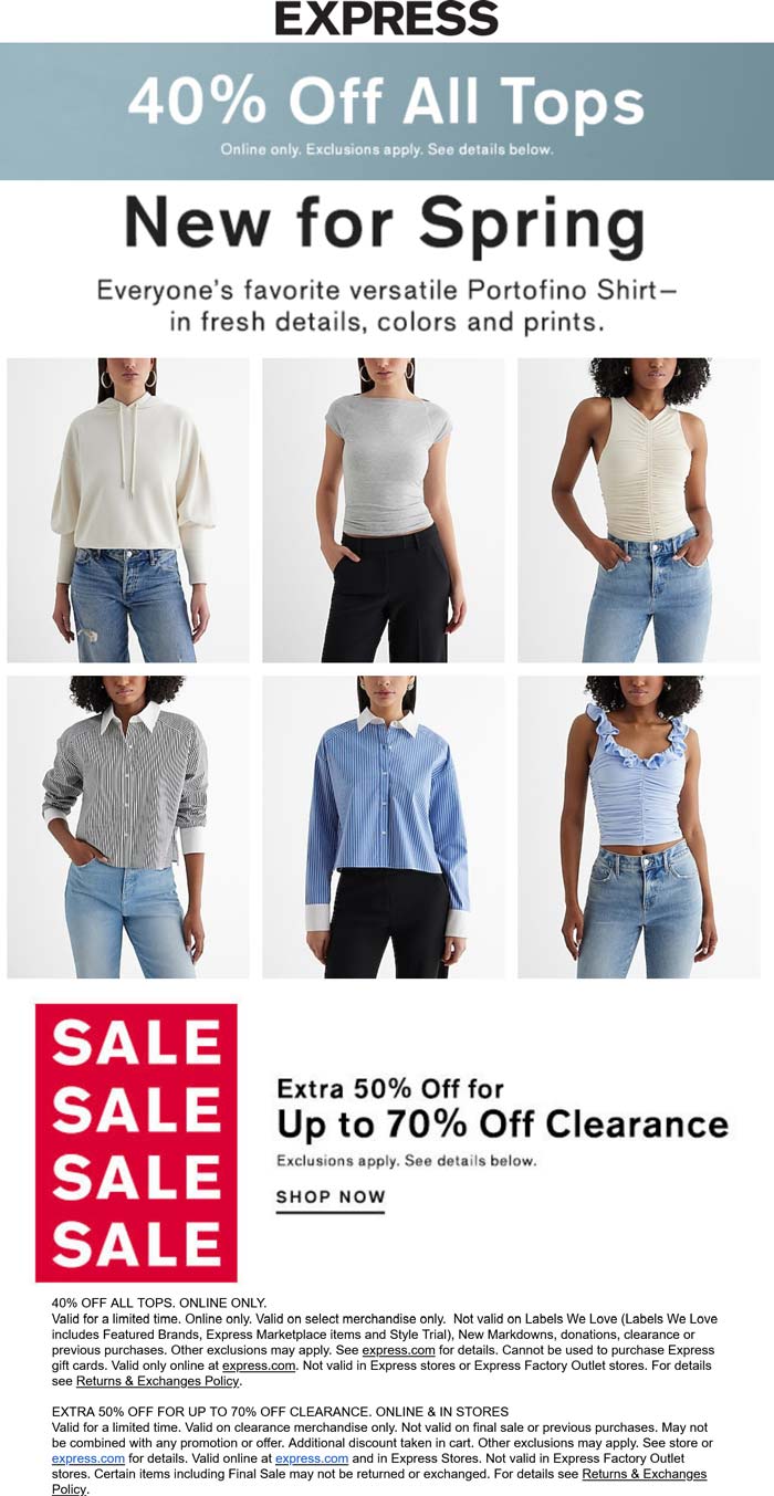 Express stores Coupon  40% off all tops online at Express #express 