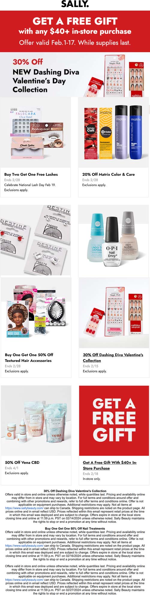 Sally stores Coupon  Free gift on $40, 30% off valentines collection & more at Sally #sally 