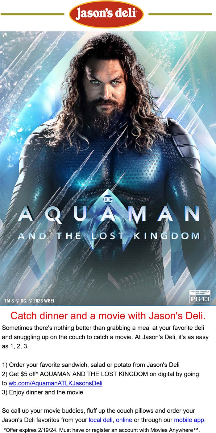 Jasons Deli restaurants Coupon  $5 off digital movie with your sandwich or salad at Jasons Deli #jasonsdeli 