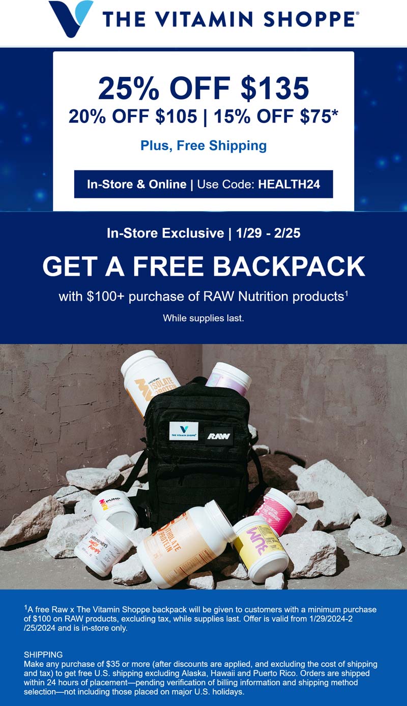 The Vitamin Shoppe stores Coupon  15-25% off $75+ & more today at The Vitamin Shoppe, or online via promo code HEALTH24 #thevitaminshoppe 