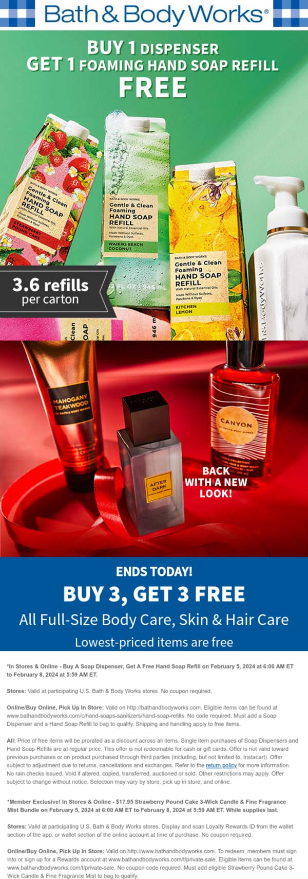 Bath & Body Works stores Coupon  6-for-3 today on body skin hair care & more at Bath & Body Works, ditto online #bathbodyworks 