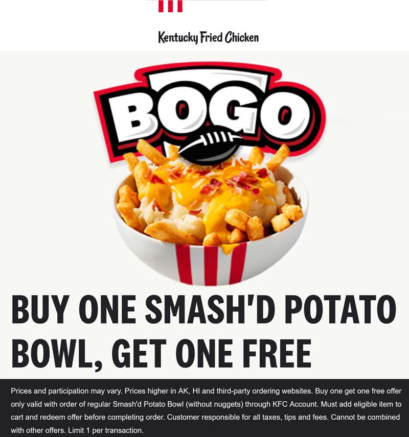 KFC restaurants Coupon  Second Smashd Potato Bowl free online at KFC restaurants #kfc 