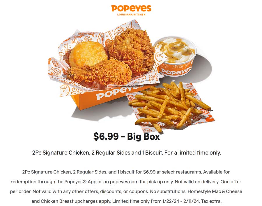 Popeyes restaurants Coupon  2pc chicken + 2 sides + biscuit = $7 big box at Popeyes #popeyes 