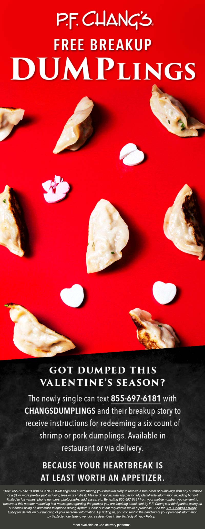 P.F. Changs restaurants Coupon  Text CHANGSDUMPlings for free dumplings with any order at P.F. Changs bistro restaurants #pfchangs 