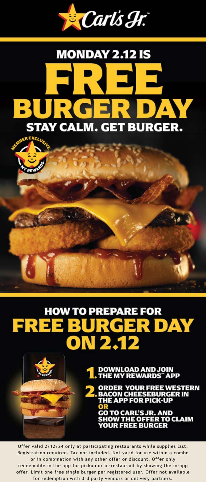Carls Jr restaurants Coupon  Free western bacon cheeseburger Monday via mobile at Carls Jr #carlsjr 