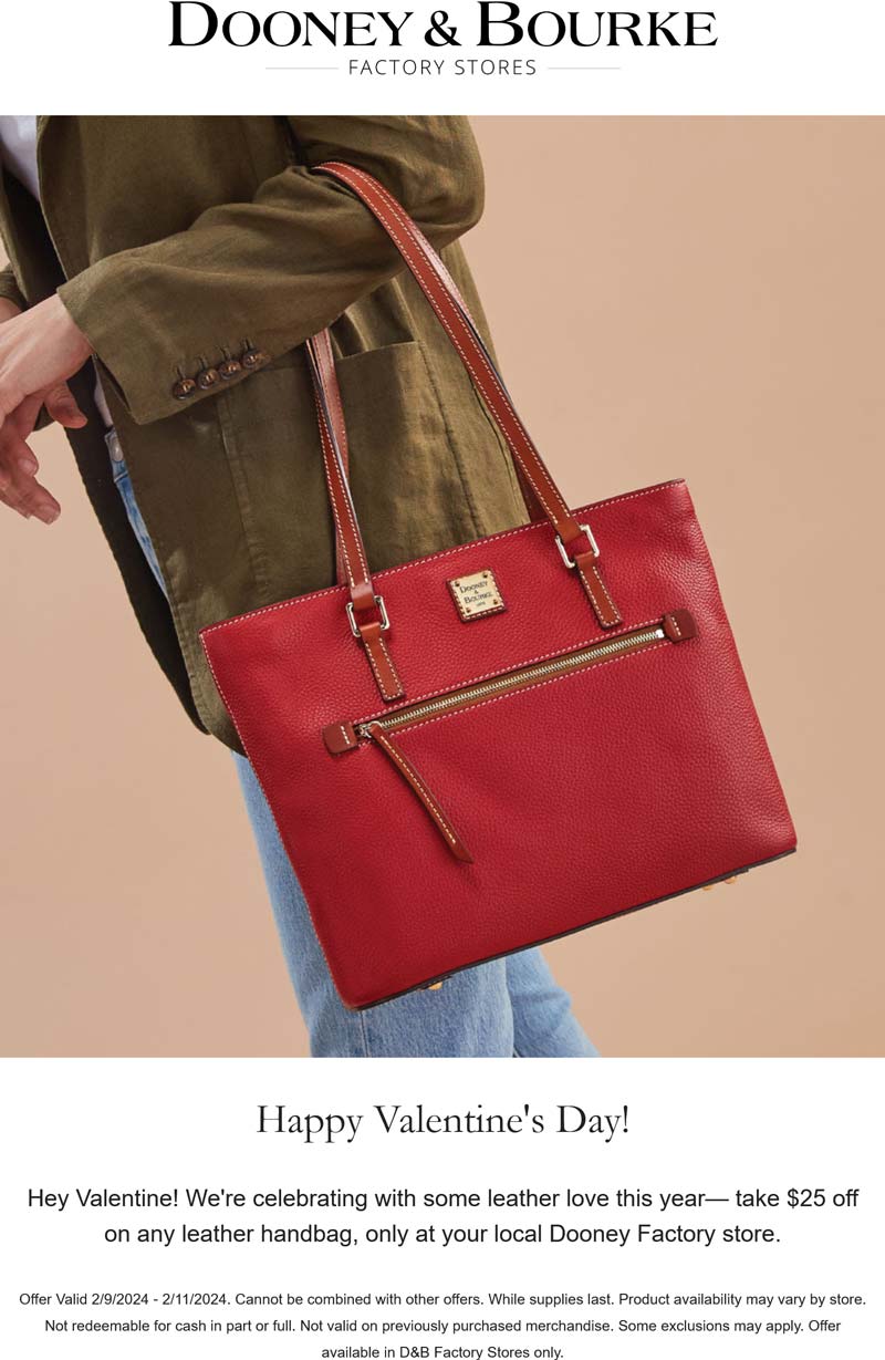 Dooney & Bourke Factory stores Coupon  $25 off any leather handbag at Dooney & Bourke Factory stores #dooneybourkefactory 