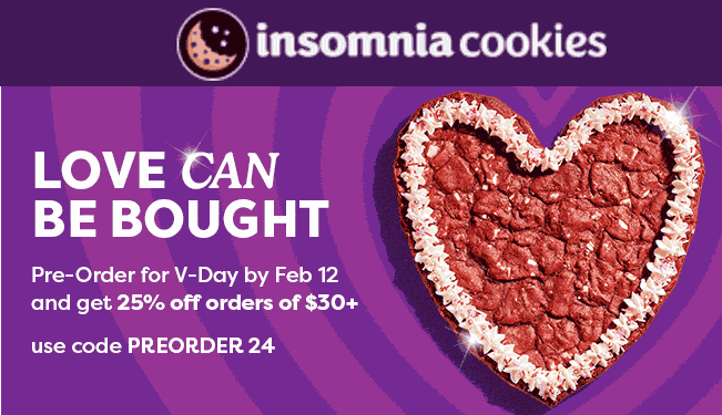 Insomnia Cookies stores Coupon  25% off $30+ at Insomnia Cookies via promo code PREORDER24 #insomniacookies 
