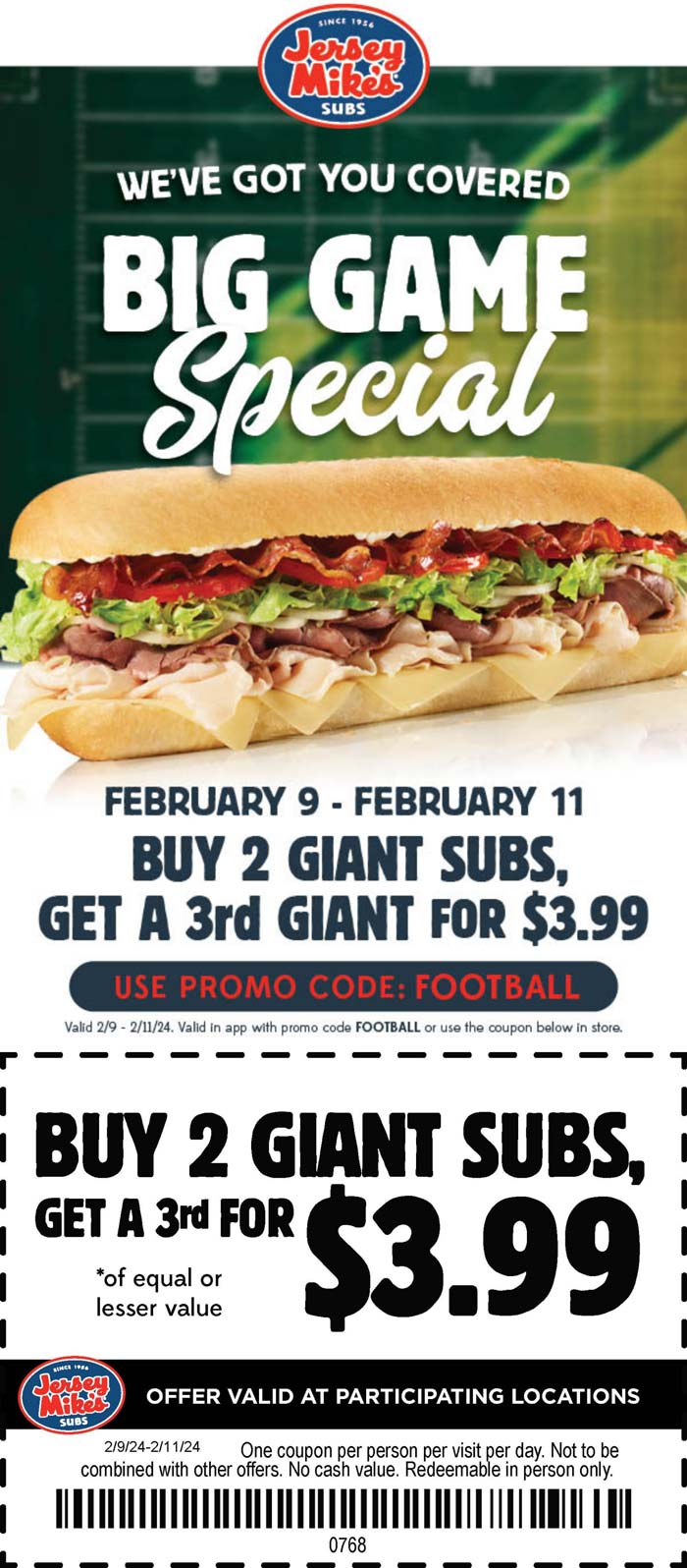 Jersey Mikes restaurants Coupon  3rd giant sub sandwich $4 at Jersey Mikes #jerseymikes 