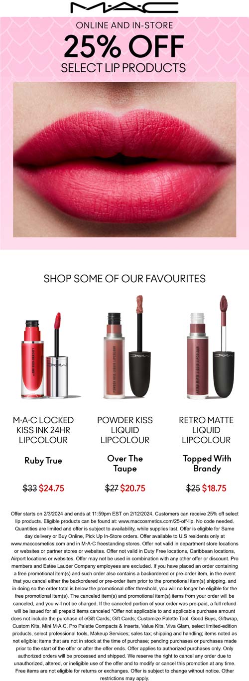 MAC stores Coupon  25% off lip products at MAC Cosmetics, ditto online #mac 